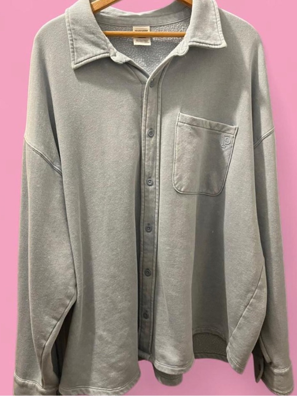 Oversized Button-Up Sweatshirt with Chest Pocket - Blue Gray Large